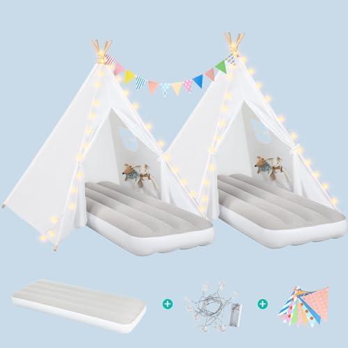 wilwolfer 1 Pack Teepee Tent for Kids with Inflatable Airbed, Indoor Play Tent Foldable for Boys Girls Party Sleepover Slumber Gifts Toy