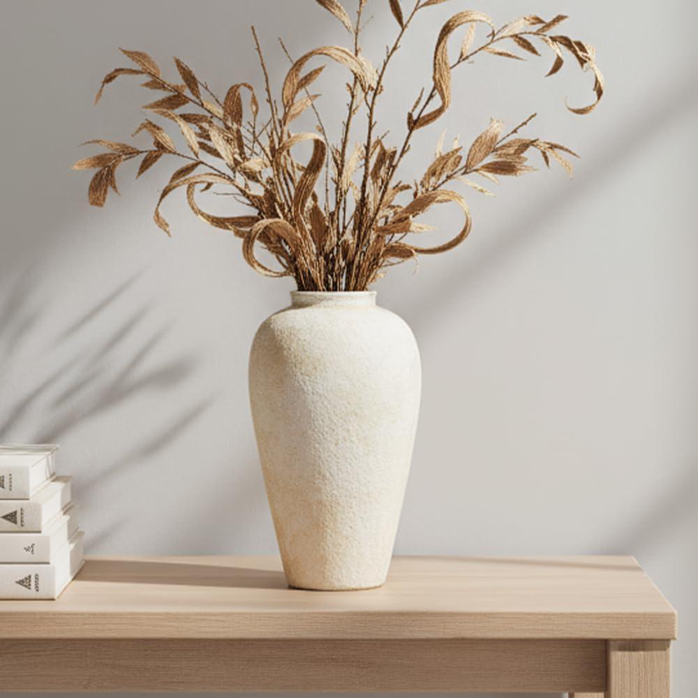 Ceramic Flower Vase Home Decor - 9.2 inch Large Farmhouse Table Vases, Rustic Decorative Vases for Kitchen Living Room Coffee Dining ShelfMantel Decoration (Beige)