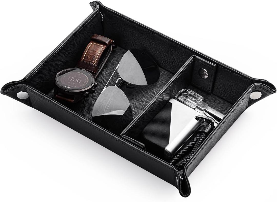 BONNY DODO Valet Tray for Men PU Leather Tray Organizer with Partition, Storage Keys, Watch & Practical Storage for Table Nightstand Living Room Bedroom (Black)