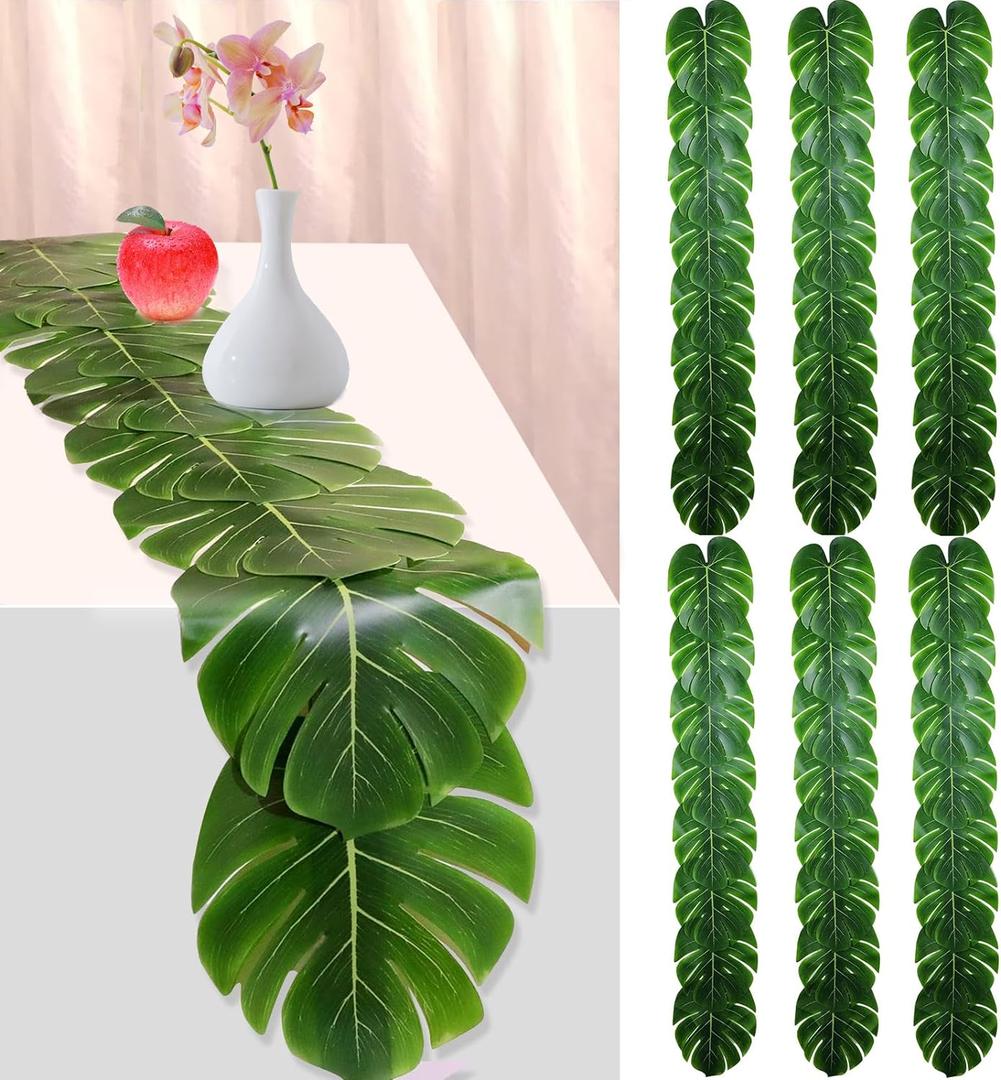6 Pcs Artificial Palm Leaves Table Runners 72 Inch, Tropical Palm Leaves Table Runner Faux Leaf Table Cloth for Wedding Hawaiian Luau Theme Party Supply Summer Table Wall Decorations