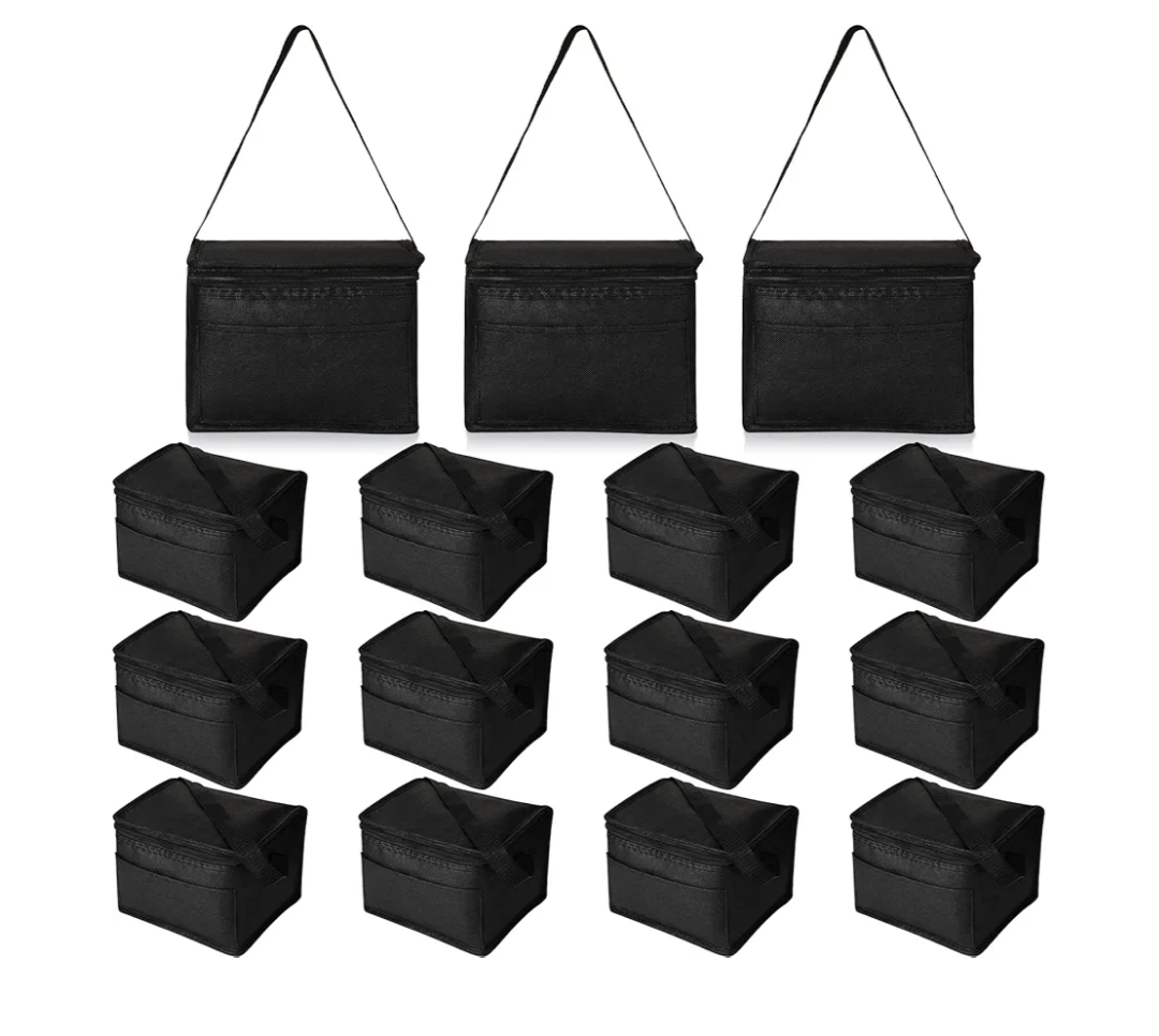 Nuogo 15 Pack Insulated Lunch Bags Bulk, Reusable Cooler Boxes, Leakproof Lunch Boxes Set, Waterproof Thermal Coolers, Insulated Beverage Bag for Women Men Work Picnic Beach(Black)