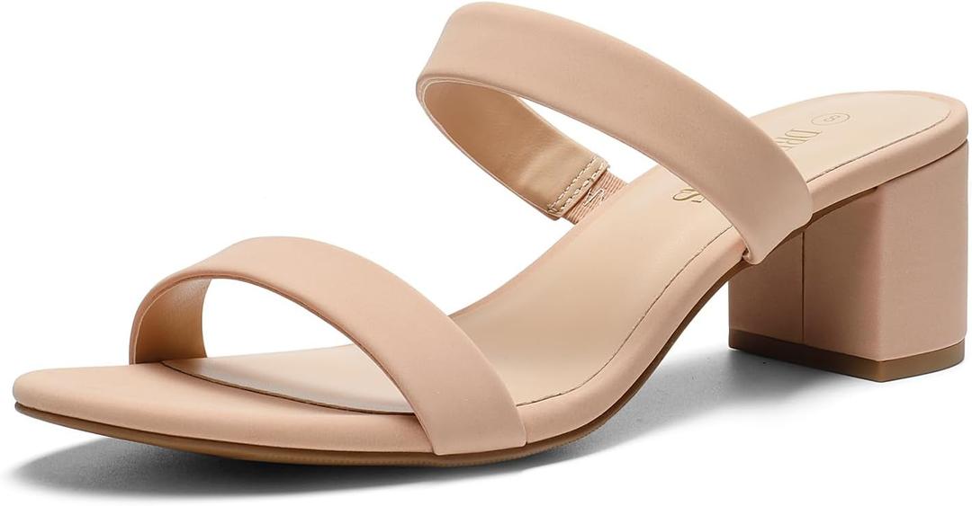 DREAM PAIRS Women's Two Strap Open Toe Low Block Chunky Heels Sandals Dress Pumps Casual Summer Mules Shoes, Size 8.5, Nude-nubuck