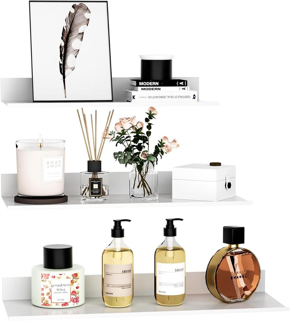White Floating Wall Shelves for Bedroom, Modern Bathroom Shelves Wall Mounted No Drilling Set of 3, Metal Small Decor Floating Shelf for Living Room Office
