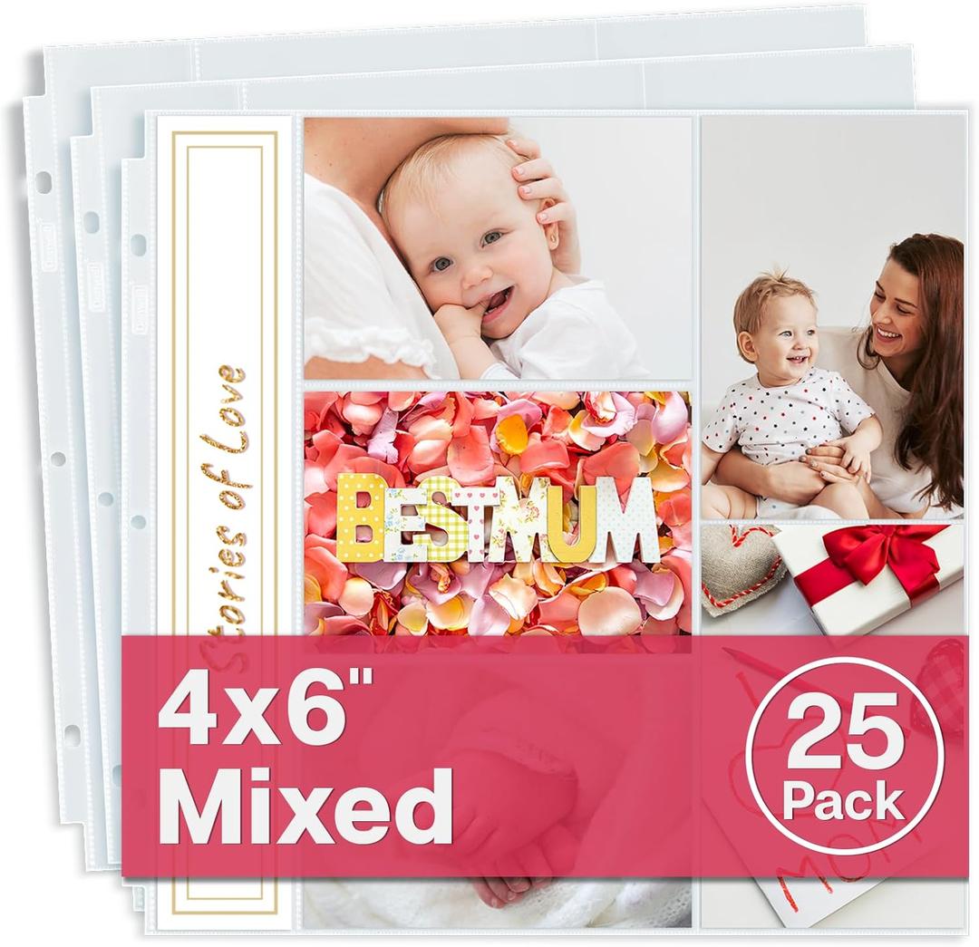 Dunwell Photo Album Refill Pages 12x12 (4x6 Mixed Layout), 25 Pack Holds 250 Pictures, Plastic 4 x 6 Photo Sleeves for 3-Ring Scrapbook Binder, Acid-Free Poly