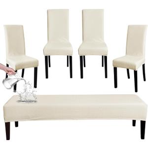 FORCHEER Dining Chair Covers and Bench Covers Set Waterproof Beige Jacquard Washable Parsons Chair Slipcover Removable Seat Protector for Dining Room- 4 PCS Chair Cover+1 PC Bench Cover