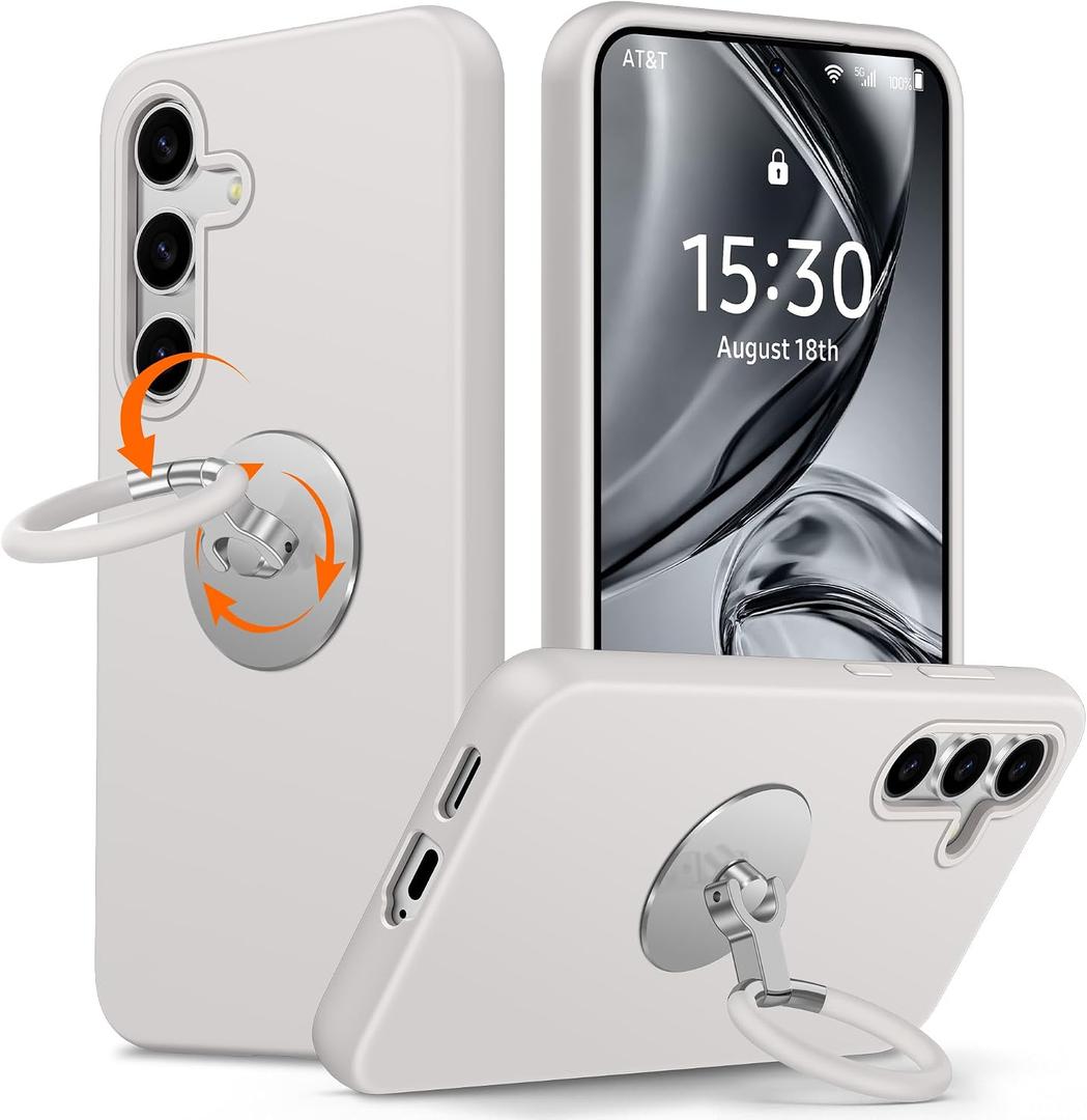 XYZ for Samsung Galaxy S24 Case, Galaxy S24 Phone Case with Rotatable 360° Soft Silicone Ring Stand, Shockproof Liquid Silicone Case with Microfiber Lining for Samsung S24 Stone