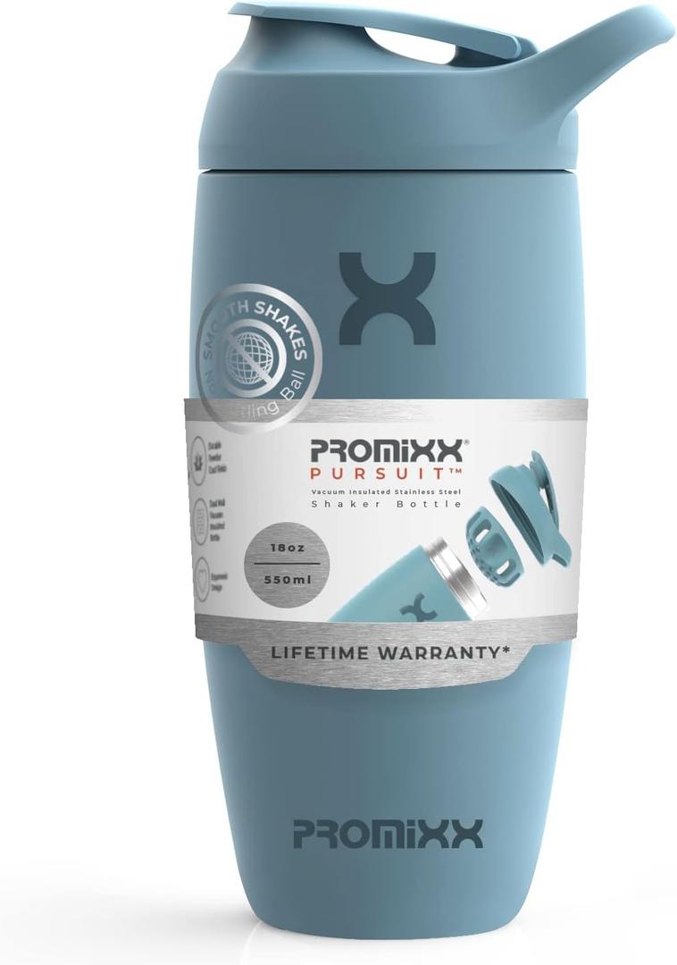 Promixx Pursuit Stainless Steel Shaker Bottle 18oz Ocean Calm Blue | Insulated, Water Bottle, shaker Cup