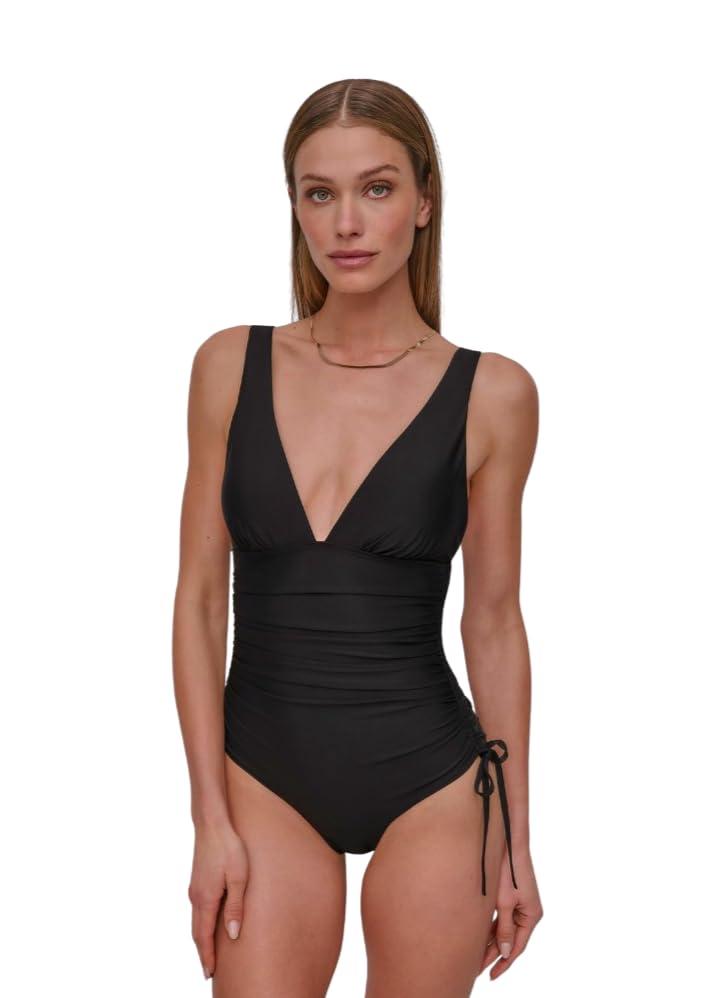 DKNY Womens Shirred Side-tie One Piece Swimsuit with Tummy Control (Medium, Black)