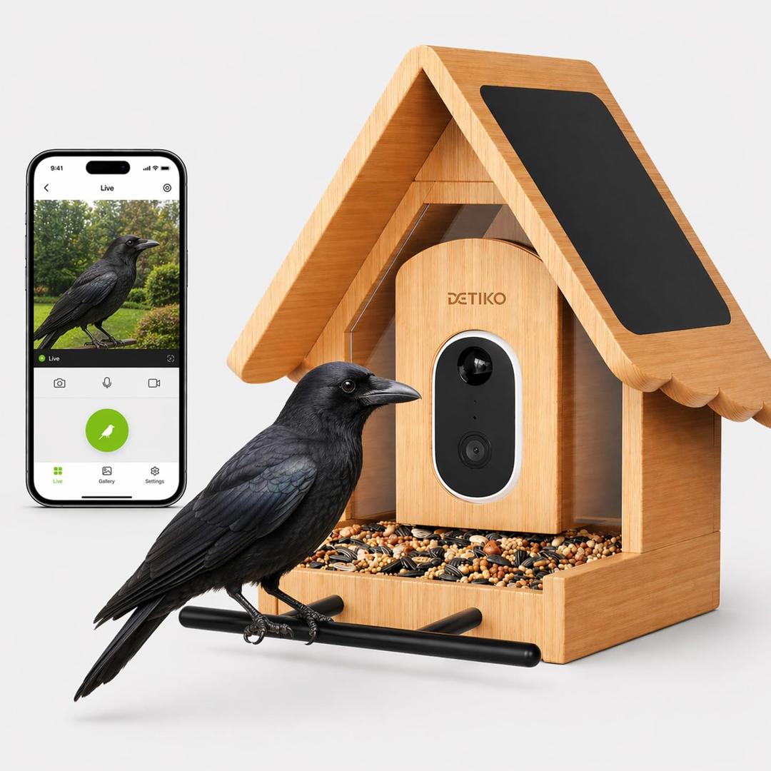 Bamboo Bird Feeder with Camera, 2K HD, Built-in Solar Powered, 2.4GHz Wi-Fi, Night Vision, Motion Alerts, Live View, Local Storage, AI Bird ID for 10,000+ Species, Family Sharing