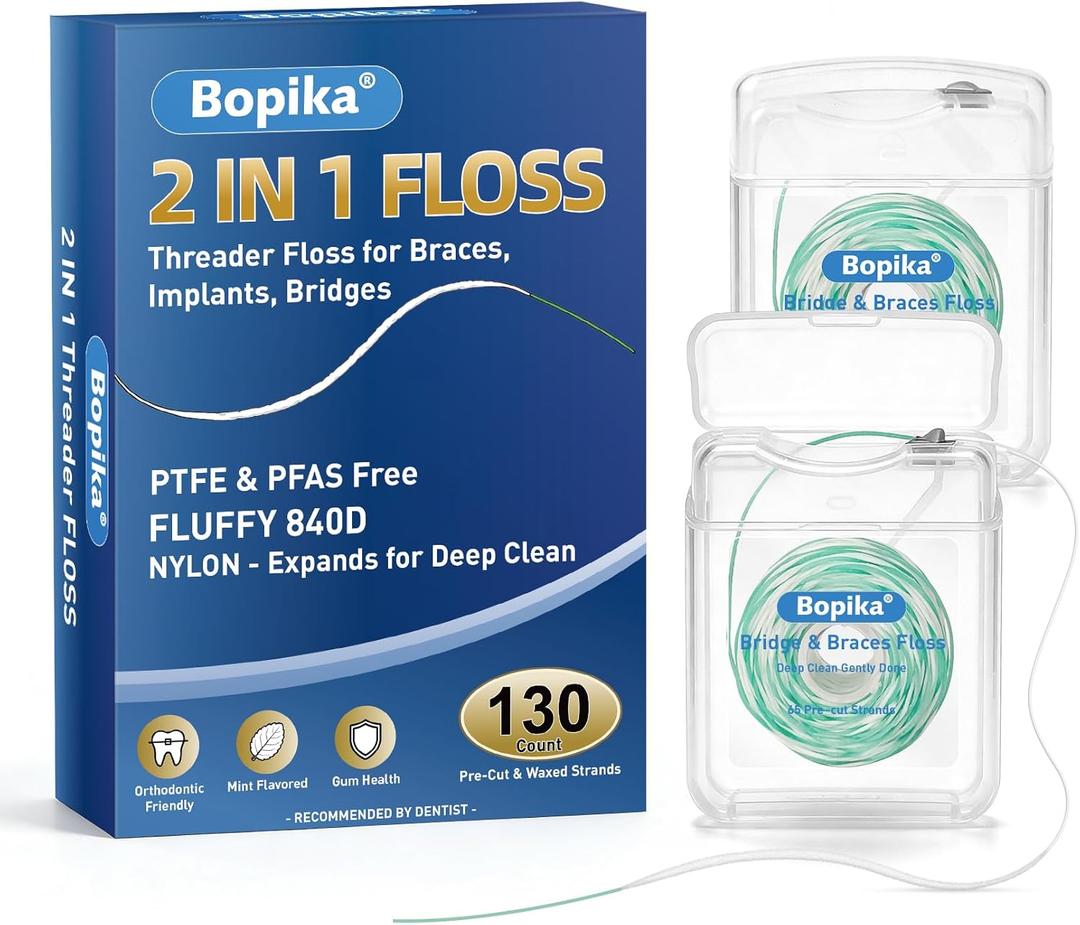 Bopika 2-in-1 Threader Floss for Braces Bridges and Implants, Expanding Fluffy Dental Floss for Wide Spaces, Light Mint Pre-Sized Segments, 130 Count (2 Packs of 65)