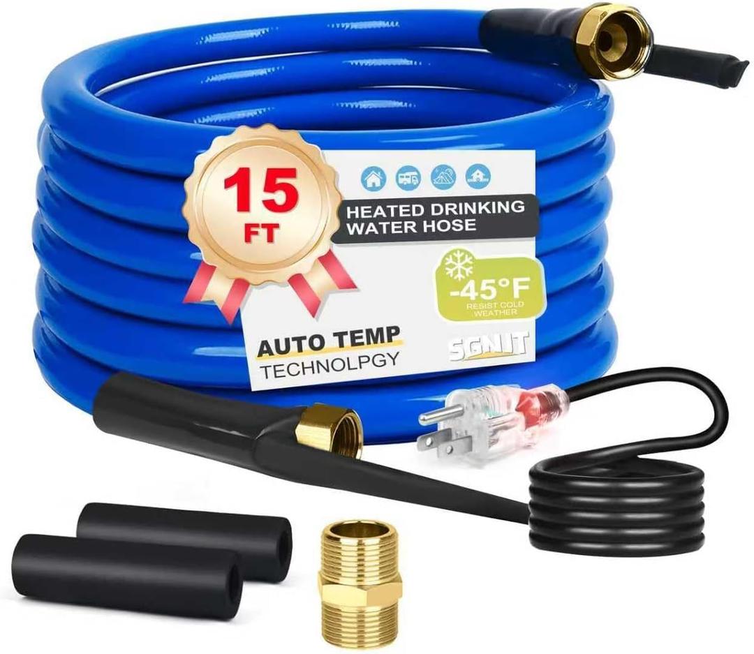 15FT-100FT,Heated Water Hose for RV,Heated Drinking Water Hose with Thermostat,Lead and BPA Free,1/2" Inner Diameter,Temperatures Down to -40F Self-Regulating,Blue Appearance (15FT)