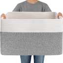 JMvicyroam Woven Blanket Basket,65L Large Storage Bin for Blankets Toys Clothes,Decorative Rope Basket for Living Room Bedroom with Handles, White&Grey