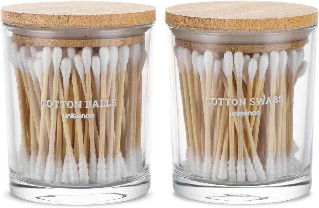 Glass Qtip Holder 2 Pack , Qtip Holder Dispenser Bathroom Set Bathroom Organizers and Storage Q tip Holder with Lid Makeup Storage Organizer for Cotton Swabs, Cotton Balls, Pads, Floss Picks Transparent