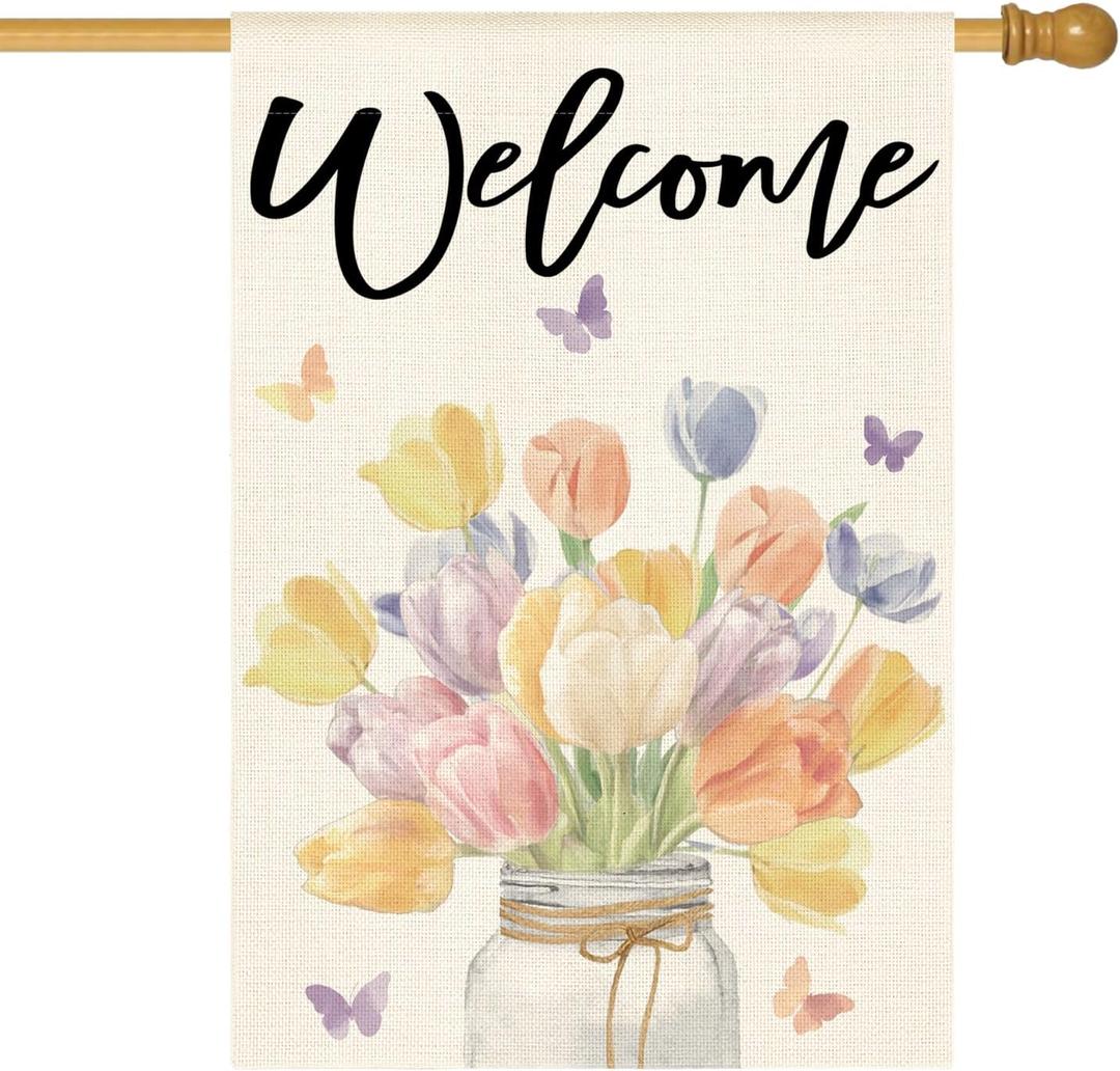 AVOIN colorlife Floral Tulip Mason Jar Spring House Flag 28x40 Inch Double Sided Outside, Seasonal Welcome Yard Outdoor Flag