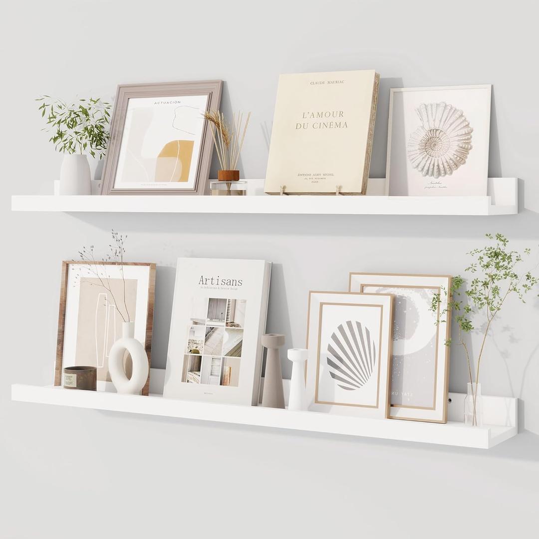 Dreamland Picture Ledge Shelf for Wall, Floating Shelves Set of 2, 32 Inch Long Floating Shelves with Lip for Living Room, Bedroom, Bathroom, Kitchen, White