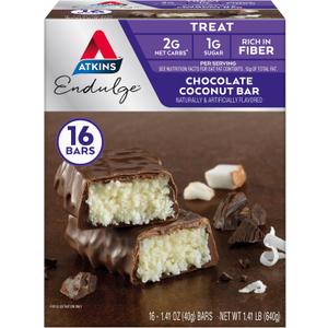 Atkins Endulge Chocolate Coconut Flavored Bar, Low Sugar Treat, High in Fiber, 16 Count, Best By: 06/2026