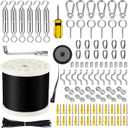 WAYSKA String Light Hanging Kit with 250FT Nylon Coated Stainless Steel 304 Wire Rope Cable Suspension Kit Included Enough Accessories, Turnbuckles and Hooks for Patio, Outdoor and Backyard Lighting
