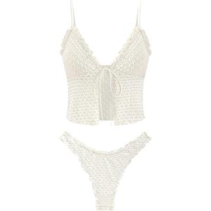 seamoly Womens Tankini Set Tie Front Bikini Swimsuit High Cut Spaghetti Strap Ruffle Two Piece Bathing Suit Beige M