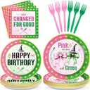 Grencian 96pcs Witch Birthday Party Decorations Pink and Green Witch Theme Party Decorations Include Plates and Napkins Disposable Pink and Green Birthday Tableware for Girls Witches Par-ty Supplies