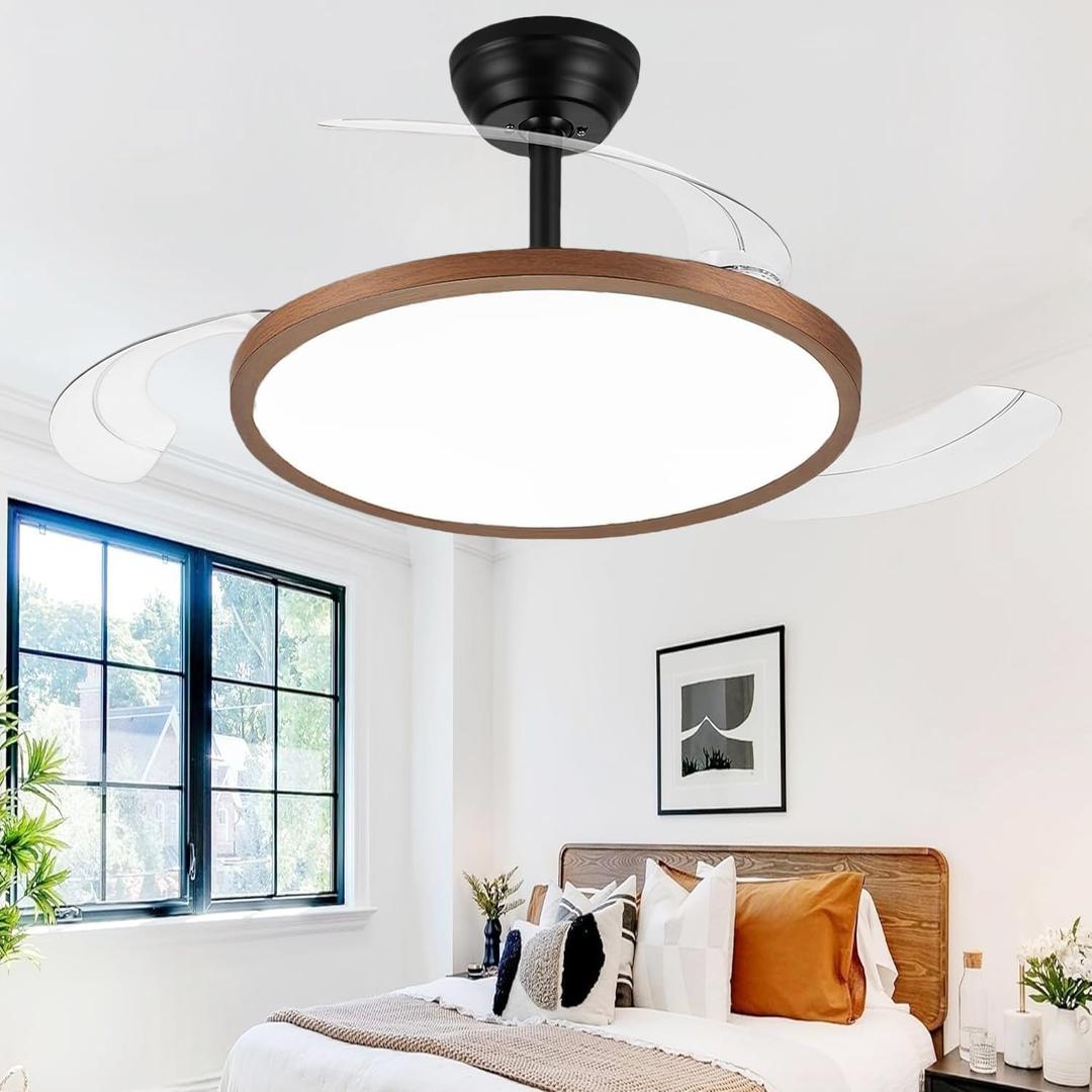 48 Inch Retractable Ceiling Fan with Lights, Fandelier Ceiling Fan for Bedroom Living Room Dinning Room, Chandelier with Fan 6 Speed, 3 Color Temperature, Reversible DC Motor-Black