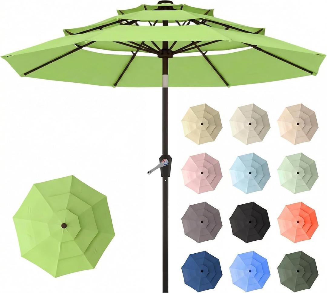 10ft Patio Umbrella, 3 Tier Outdoor Market Table Umbrellas with 8 Fiberglass Ribs and Push Button Tilt, Windproof, Vented Canopy, UV Protection for Deck, Pool, Backyard