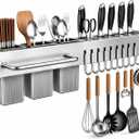 Kitchen Utensil Rack Wall Mount 24 Inch, Kitchen Utensil Hanger & Utensil Rail with 10 Hooks, 3 Storage Cups and Knife Holder, Kitchen Utensil Hanging Rack, No Drill Adhesive or Screw Installation