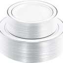 I00000 102pcs Silver Plastic Plates, Disposable Plastic Party Plates with White Silver Rim Fancy Wedding Party Plates Include 51 Dinner Plates 10.25" and 51 Dessert Appetizer Plates 7.5"