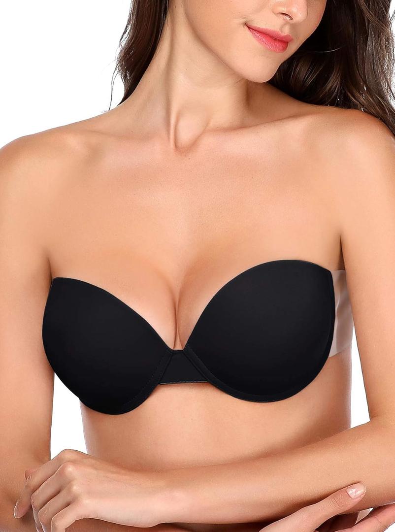 JOATEAY Adhesive Bra Backless Strapless Sticky Push Up Reusable Invisible Lift Padded Non-Slip (Black) B