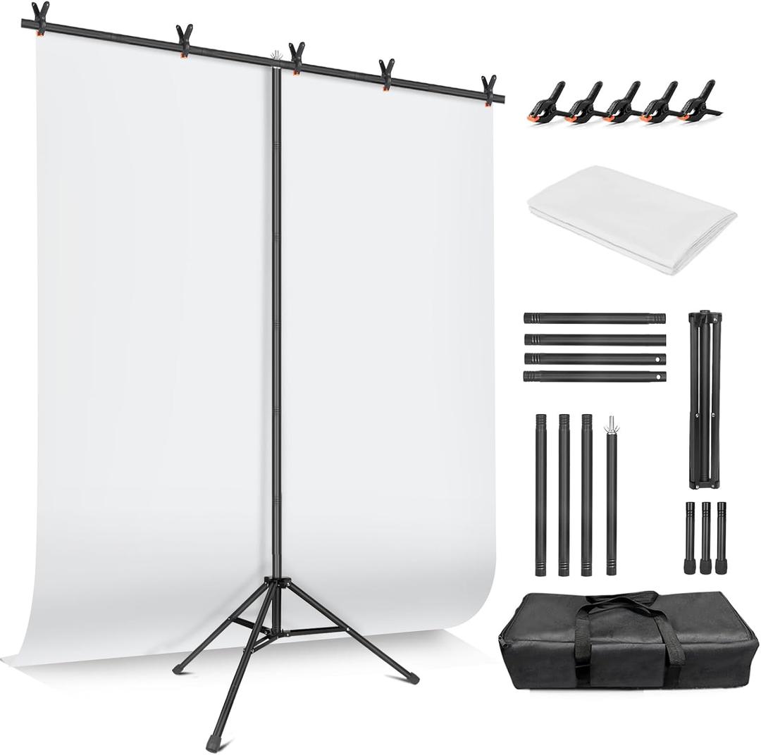 White Backdrop with Stand for Photoshoot, 5X6.5ft White Photo Backdrop with T Shape Background Backdrop Stand for Photography, Portable Photo Backdrop Curtain Stand Kit w Carrying Bag 5 Spring Clamps
