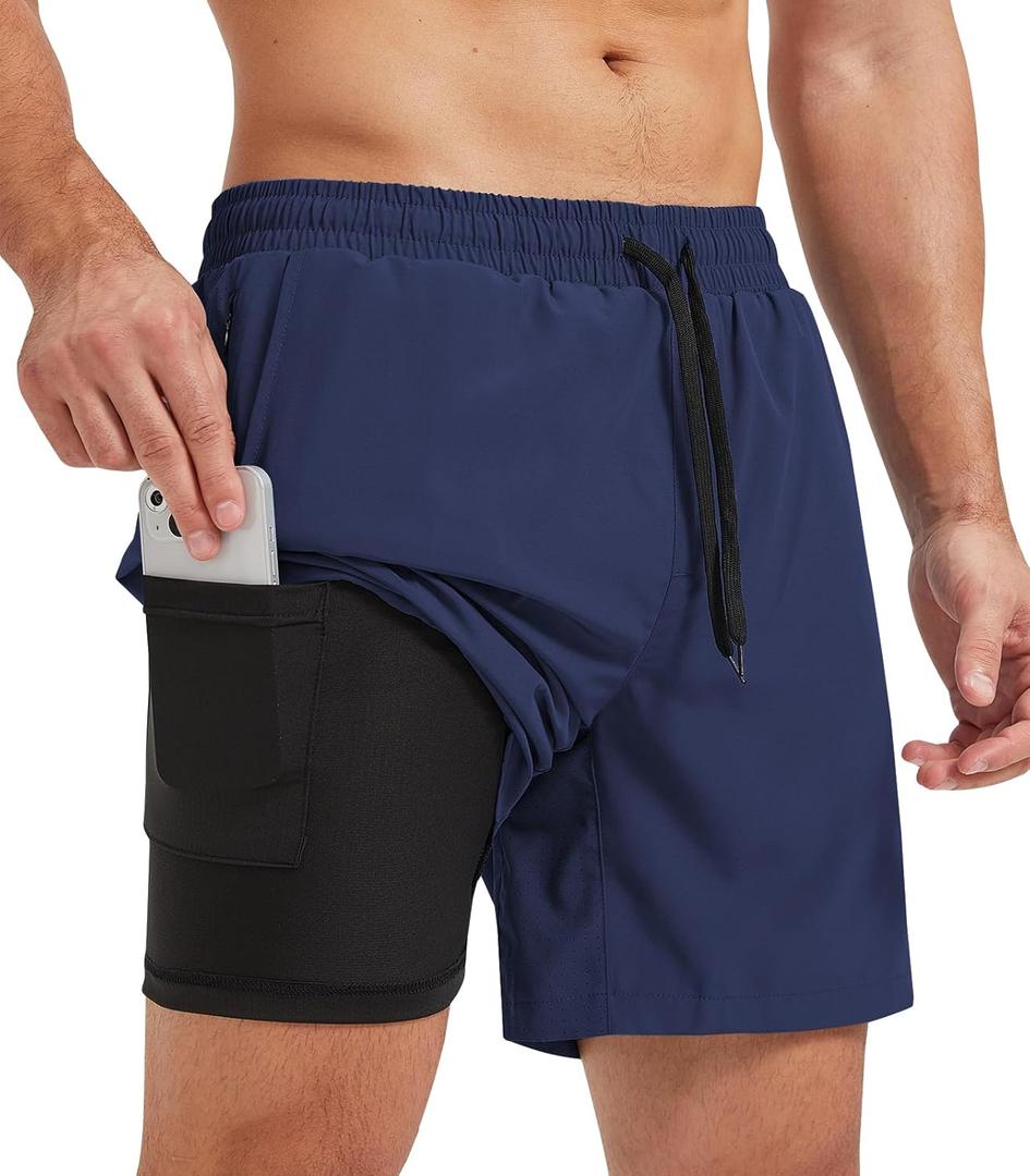 SILKWORLD Mens Swim Trunks with Compression Liner 9 Inch Long Bathing Suit 2 in 1 Beach Quick Dry Shorts with Pockets, L