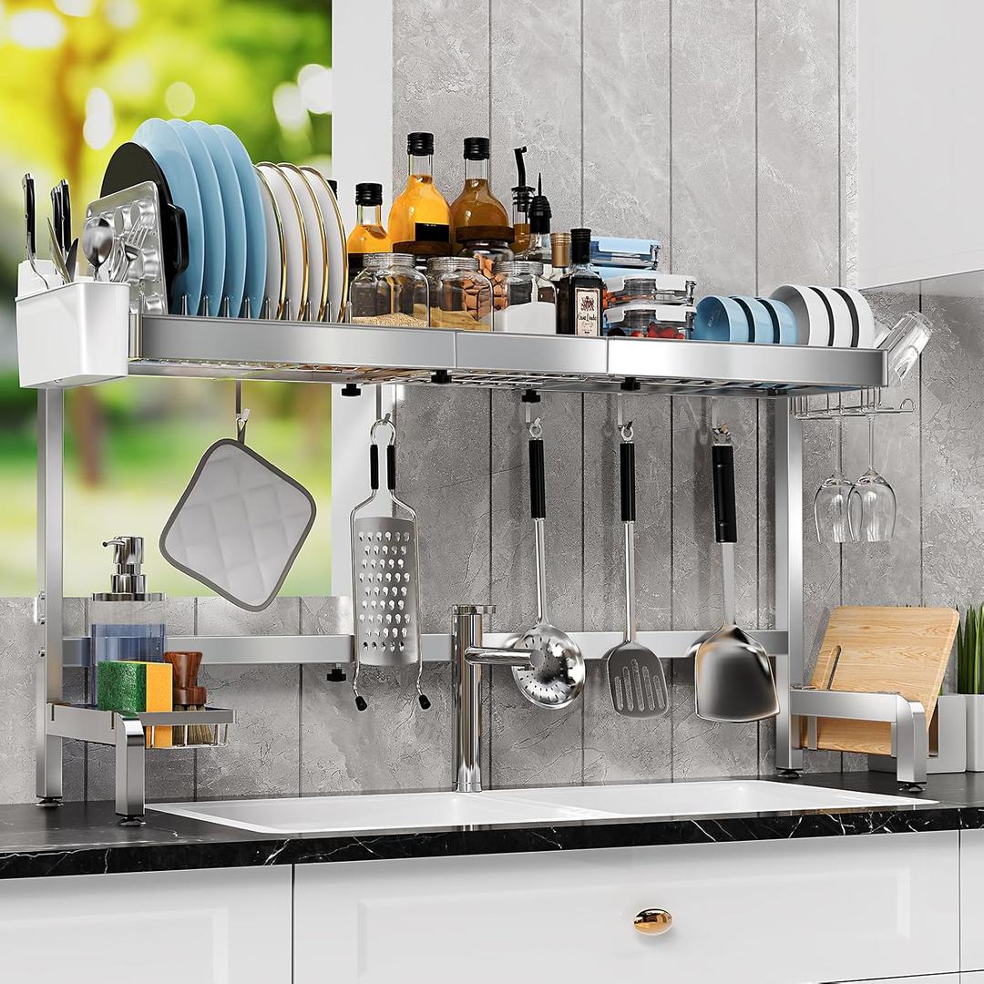 2 Tier Extra Large Over The Sink Dish Drying Rack, Expandable Stainless Steel Dish Drainer with Multifunctional Organizer, Space-Saving Above Sink Dish Rack with Large Capacity for Kitchen Counter
