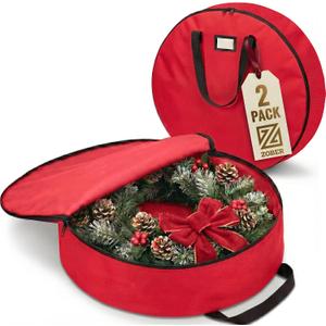 ZOBER 2 Pack Oxford Christmas Wreath Storage Container 30 Inch - Wreath Bag for Artificial Wreaths Box - Waterproof Fabric, Dual Zippered Wreaths Storage Bag With Strong Durable Handles - Red