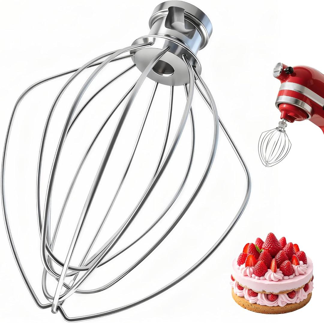 Stainless Steel Wire Whip Attachment, Dishwasher Safe 6-Wire Whisk for KitchenAid 4.5-5 Qt Tilt-Head Stand Mixer, Whisk Attachment for Eggs, Cream & Frosting, Heavy Duty (Replacement K45WW)