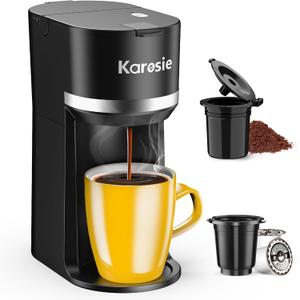 Single Serve Coffee Maker for K-Cup and Ground Coffee, Fast Brew, 6-12 oz Brew Sizes One Cup Coffee Machine Fits 5.5" Mugs, One-Button Small Coffee Maker with Descaling Reminder,Black (9.45 Inches)