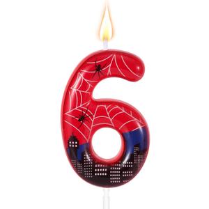 Spider Themed Birthday Candle, Red Blue Spider Web City Number Cake Topper Candle Party Decoration Supplies for Boy Girl Birthday Party Cake Decoration (6)