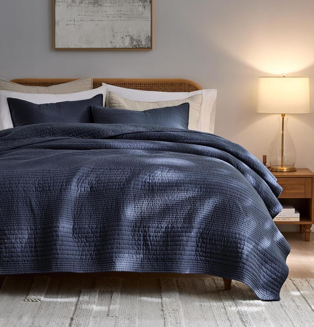 palassio Striped Navy Blue 100% Cotton Quilt Queen Size Bedding Sets, Lightweight Crinkly Channel Pick Stitch Textured Bedspread Soft Shabby Chic Farmhouse Country Coverlet for All Season, 2 Shams
