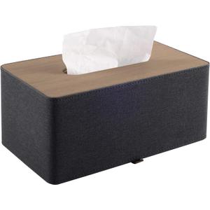 High-end Pu Leather Tissue Box Holder Two Color Combination-Linen and Wood Grain,Rounded Rectangle Napkin Paper Case Dispenser for Home Bathroom Dresser Offices Car Tissue Cover (Black)