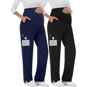 2 Pack Women's Maternity Scrubs Pants with 6 Pockets Pregnancy Workwear Stretchy Straight Leg Cargo Trousers (XX-Large, Black, Navy Blue)