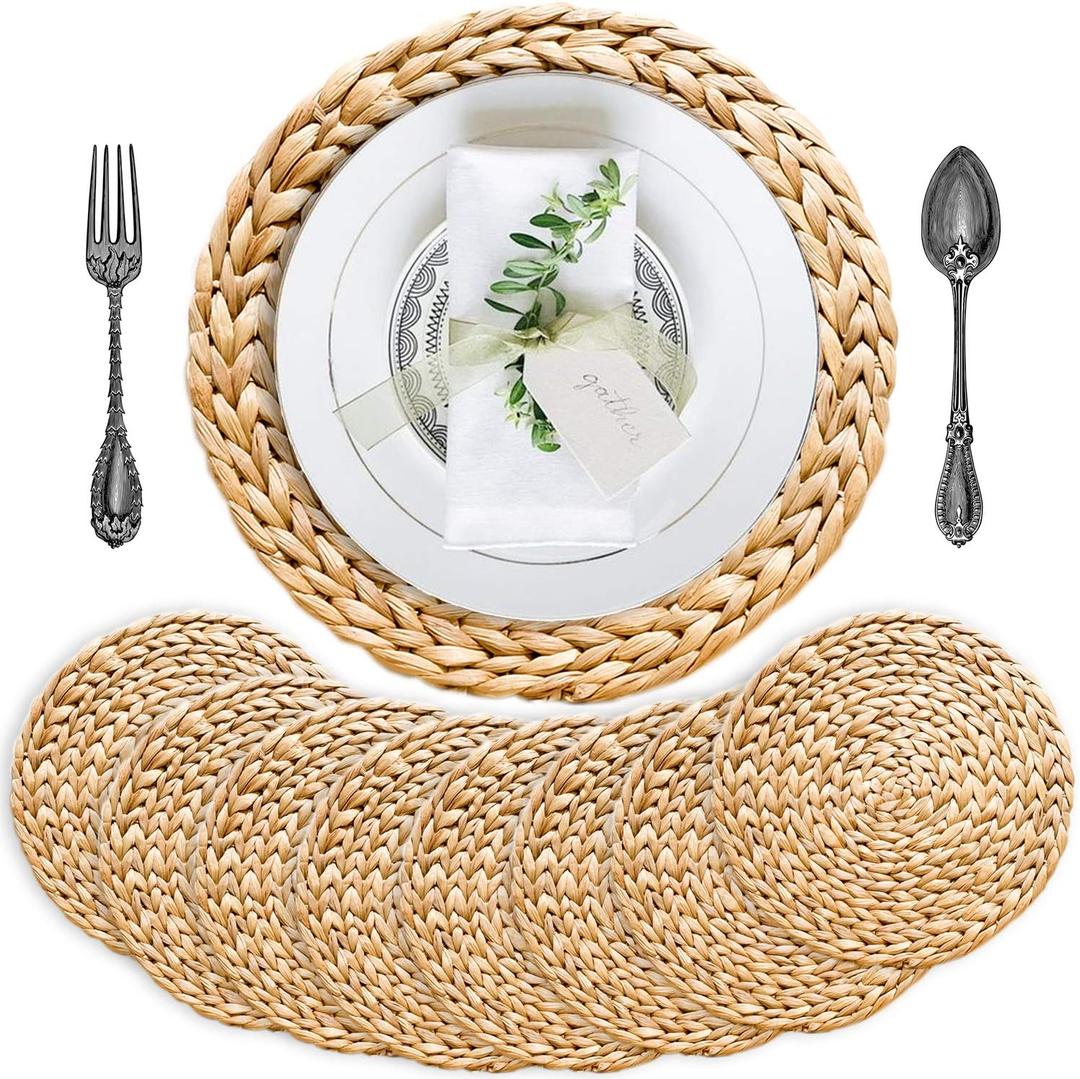 Woven Placemats Set of 8, Table Mats Set of 8, Water Hyacinth Round Placemats for Round Table, Chargers for Dinner Plates, Wicker Chargers for Dinner Plates, Woven Placemat, Place Mats 13.4 in