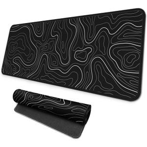 Large Gaming Mouse Pad, Full Keyboard Mat, Long Laptop Mousepad, Computer Mouse Mat for Home and Office, Anti-Slip Rubber Base, 31.5 x 11.8 Inches (Black Topographic Map)