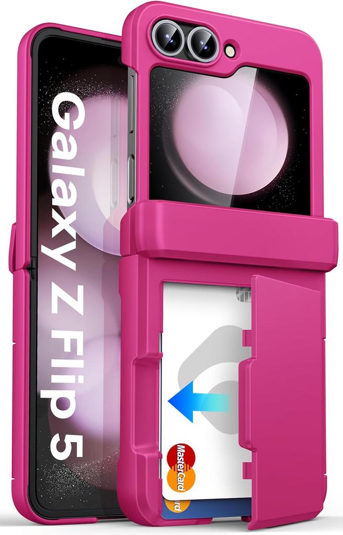 ASAFCASE for Samsung Galaxy Z Flip 5 Case with Card Holder (3 Cards) & Hinge Protection & Outer Screen Protector, Shockproof Rugged Phone Protective Cover Wallet Case for Galaxy Z Flip 5, Hot Pink