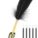 PATIKIL Black Feather Ballpoint Pens Bulk, Metal Holder Black Ink Vintage Quill Writing Pens with 5Pcs Refill for Office, Wedding Signature, Ancient Bronze