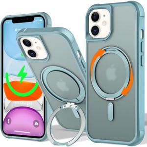 UMIONE 360 Rotatable Magnetic Ring Design for iPhone 11 Case, Built-in Invisible Loop Stand, Compatible with Magsafe, Translucent Ultra Slim Military Grade Shockproof Case - Green