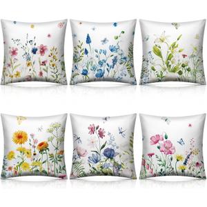 Preboun 6 Pcs Wildflowers Spring Throw Pillow Covers Set Inch Flower Floral Pillow Covers Cushion Cases Pillowcase for Living Room Sofa Couch Bed Car Home Decor(18 x 18 Inch)