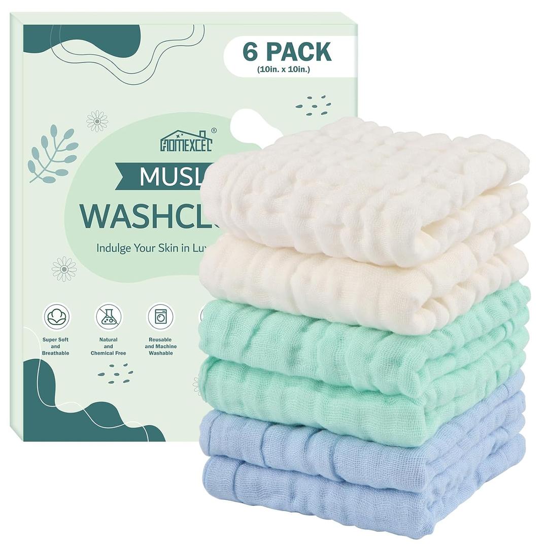 HOMEXCEL Face Wash Cloths 6 Pack, Reusable Makeup Remover Cloths Soft Muslin Washcloths for Sensitive Skin, 10 x 10 Inch Face Towels for Washing (White-Green-Blue)
