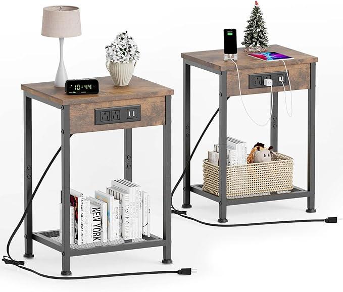 Fixwal End Tables Set of 2 with Charging Station, Night Stands with U-S-B Ports and Power Outlets (Dark Walnut Gray)
