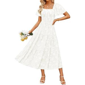 ZESICA Wedding Guest Dresses for Women Summer 2026 Boho Floral Midi Dress Flowy Beach Vacation Graduation Long Dresses. White XL