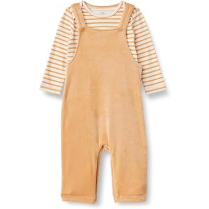 Amazon Essentials baby-girls Velour Overall and Long Sleeve Bodysuit Set (0-3 Months, Light Camel/Stripe)