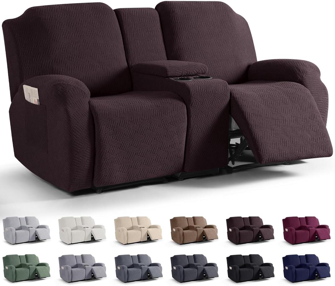 KinCam Loveseat Recliner Covers with Middle Console Slipcover, Recliner Sofa Covers 2 Seat Couch Cover Stripe Jacquard Furniture Protector Covers with Elastic Bottom for Kids, Pets (Dark Coffee)