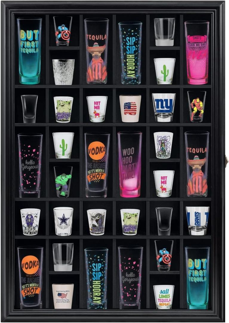 Shot Glass Display Cabinet Solid Wood - Large Display Case for Collectibles | Man Cave Accessories | UV Protection Acrylic Door | Wall Mounted Black Shadow Box | 36 Divided Slots | 26" x 18"